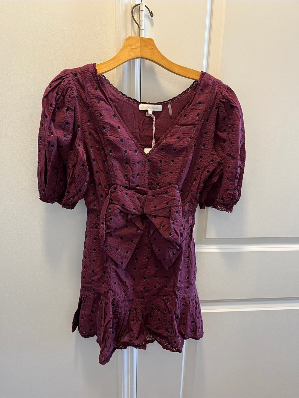 LoveShackFancy Plum Puff-Sleeve Bow Front Blouse